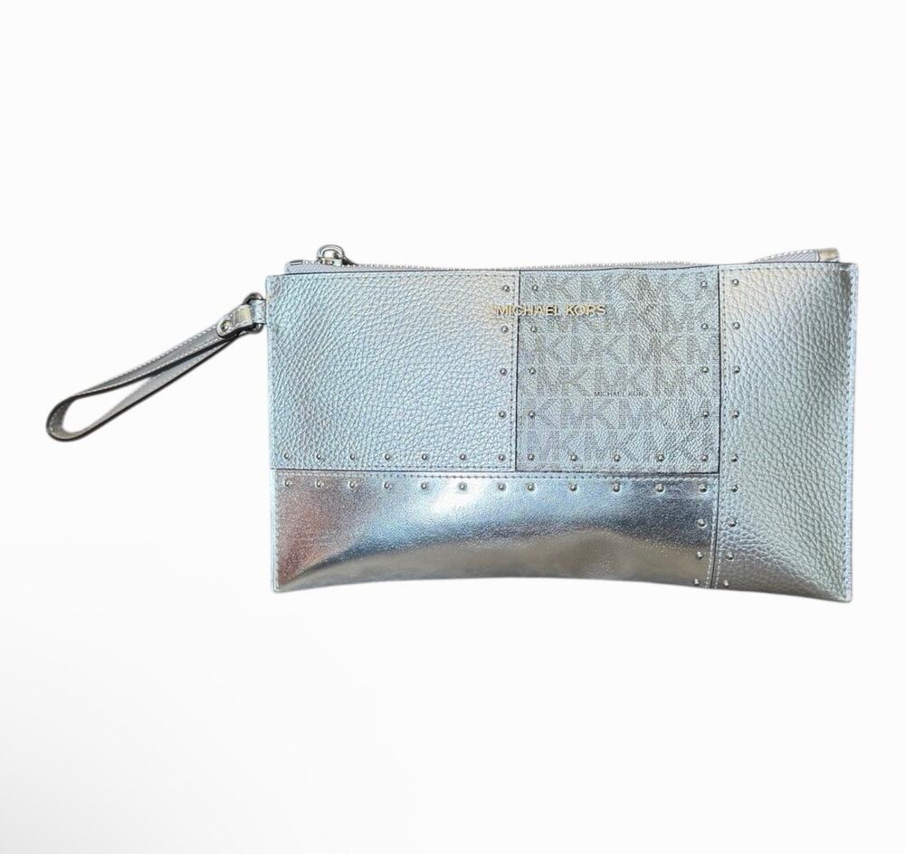 Michael Kors Jet Set Metallic Silver Studded Patchwork Logo Large Wristlet